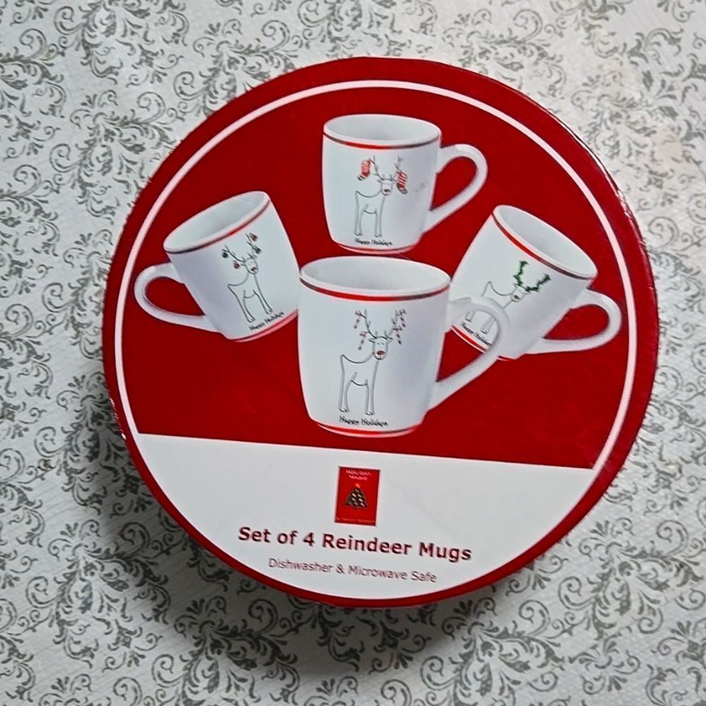 BIA Christmas Reindeer Coffee Mug Boxed Set 4 Glass  Holiday 2003 NEW